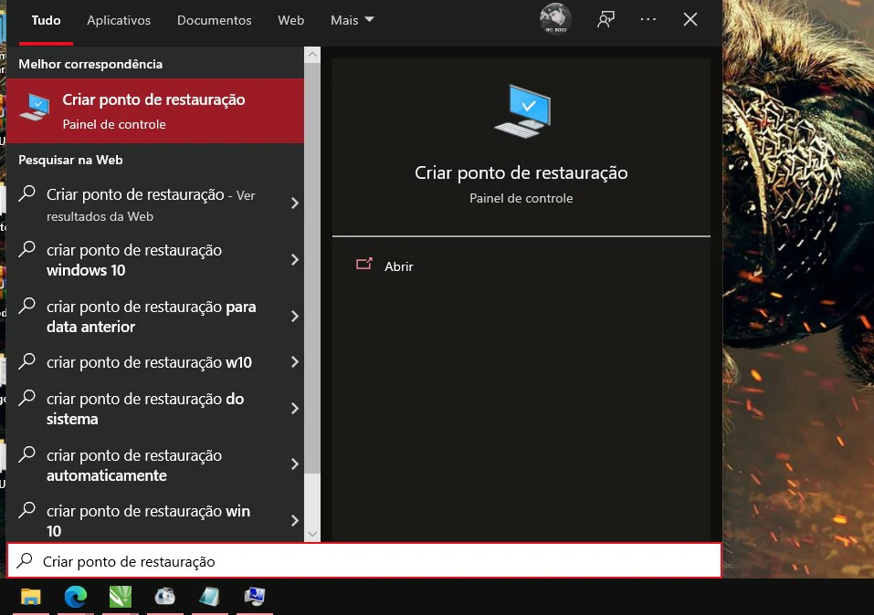 Digite criar ponto de restauração - Como restaurar arquivos deletados do Windows [Lixeira]