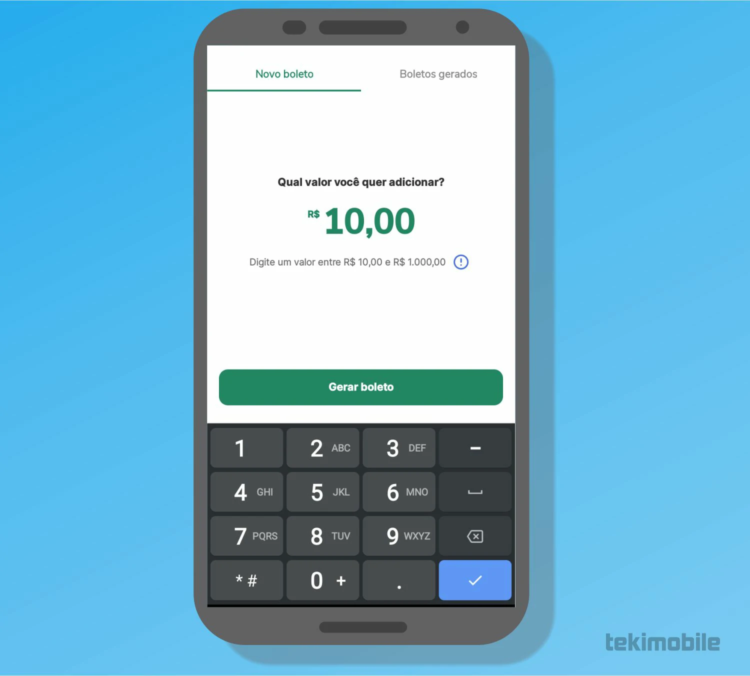 Digite o valor do boleto e toque em Gerar boleto - Como transferir dinheiro para o PicPay