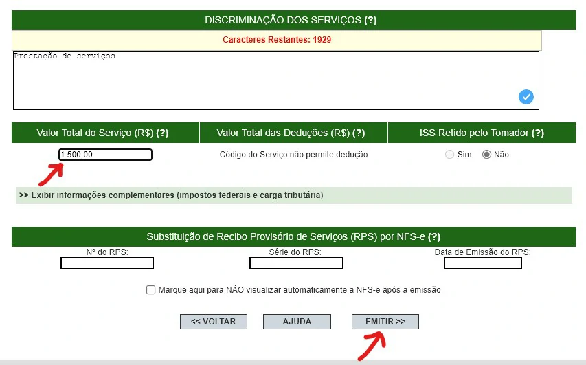 Digite o valor do serviço prestado e clique em Emitir - Como emitir nota fiscal MEI