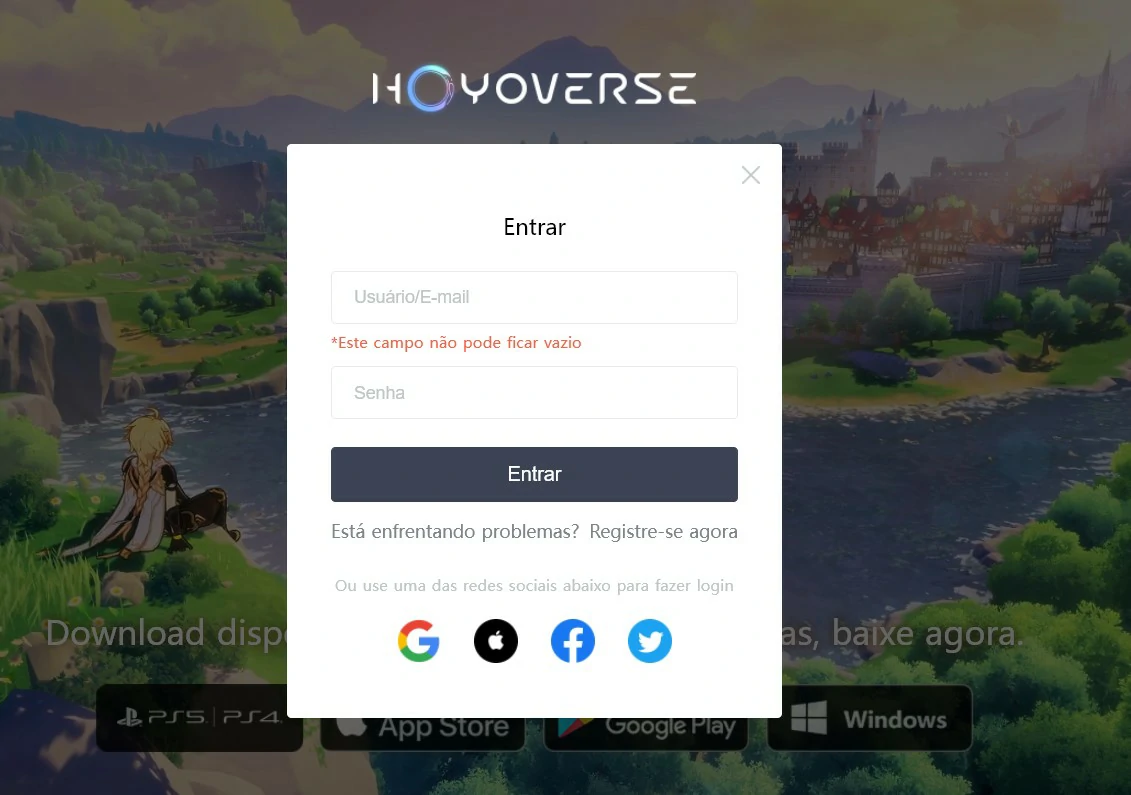 Entre com seu email e senha utilizada na plataforma que você costuma usar para jogar - Como resgatar códigos no Genshin Impact
