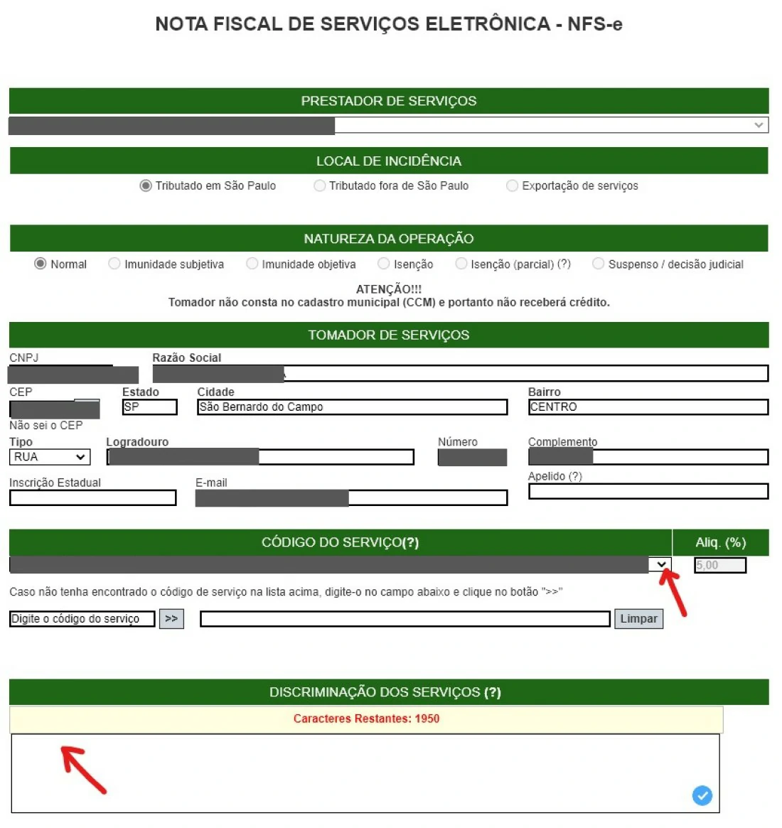 Escolha o tipo de serviço e escreva que tipo de serviço você prestou em Discrição dos serviços - Como emitir nota fiscal MEI