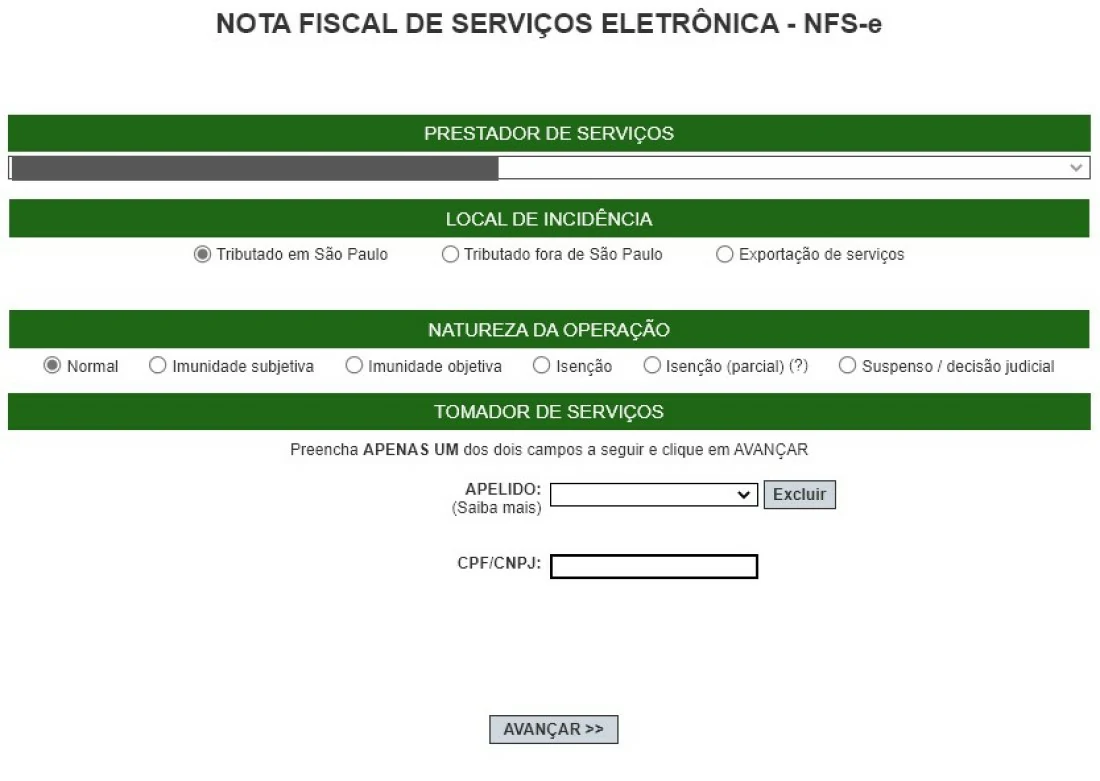 Insira o CNPJ da empresa para qual você prestou serviços e clique em Avançar - Como emitir nota fiscal MEI