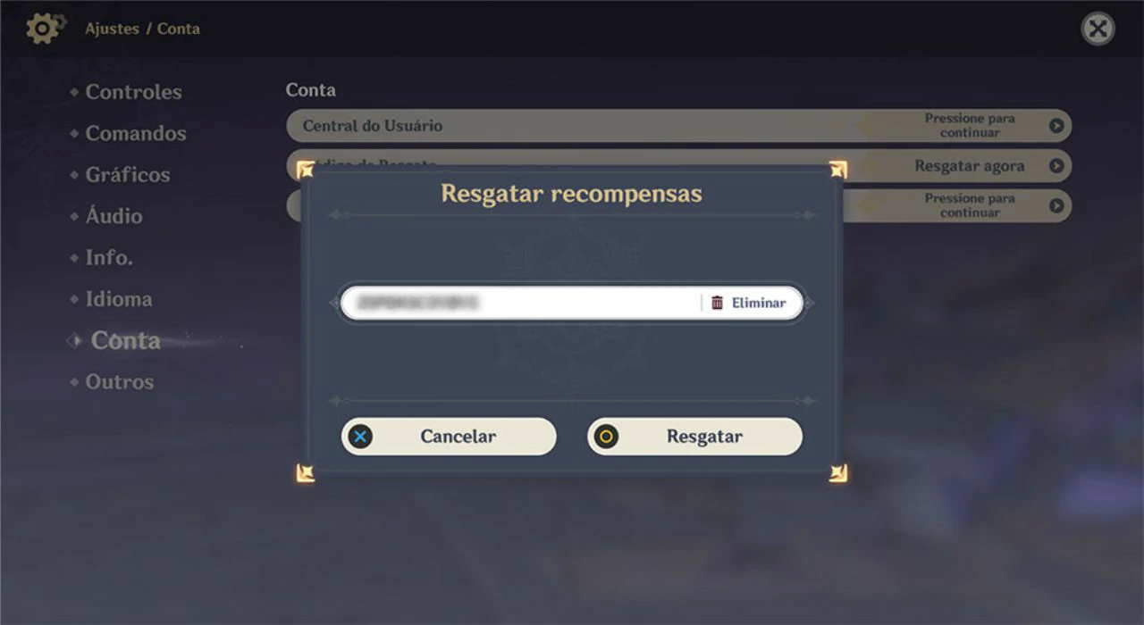 Insira o código no campo e selecione a opção de Resgatar para adicionar a recompensa a sua conta no game - Como resgatar códigos no Genshin Impact