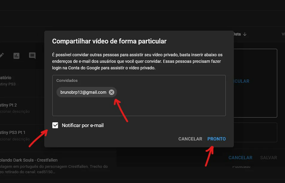 Insira o email - Como compartilhar video privado do Youtube