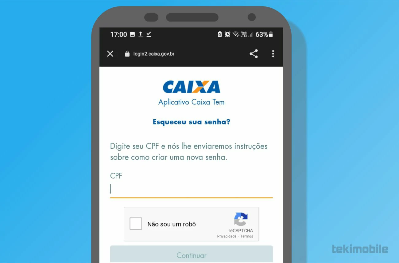 Insira seu cpf e toque em Continuar - Como alterar o email do Caixa Tem