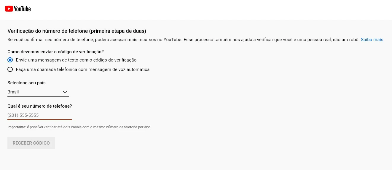 Insira seu número de celular para receber o código de verificação - Como fazer live no YouTube
