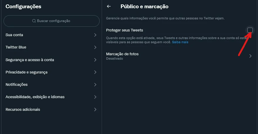Marque a opção - Como trancar o Twitter