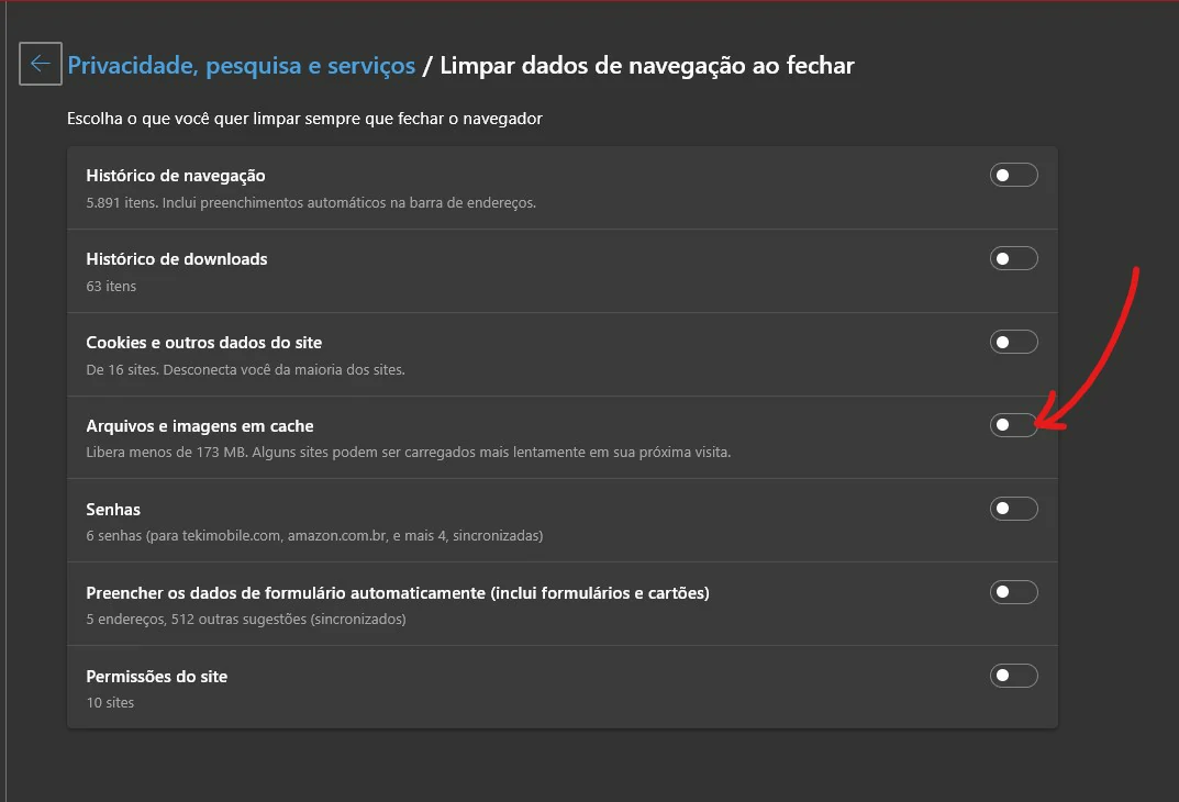 Marque as opções que desejar - Como limpar cache do Microsoft Edge