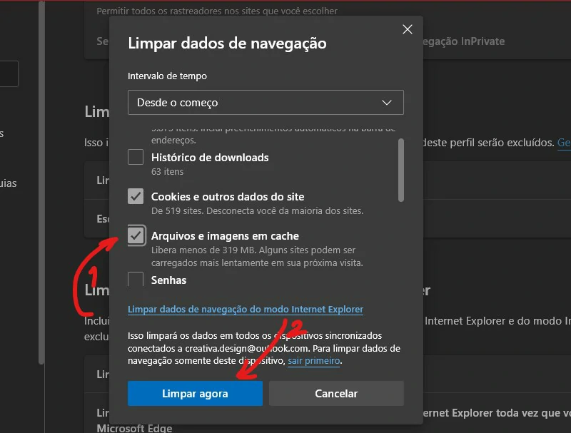 Marque o cache - Como limpar cache do Microsoft Edge