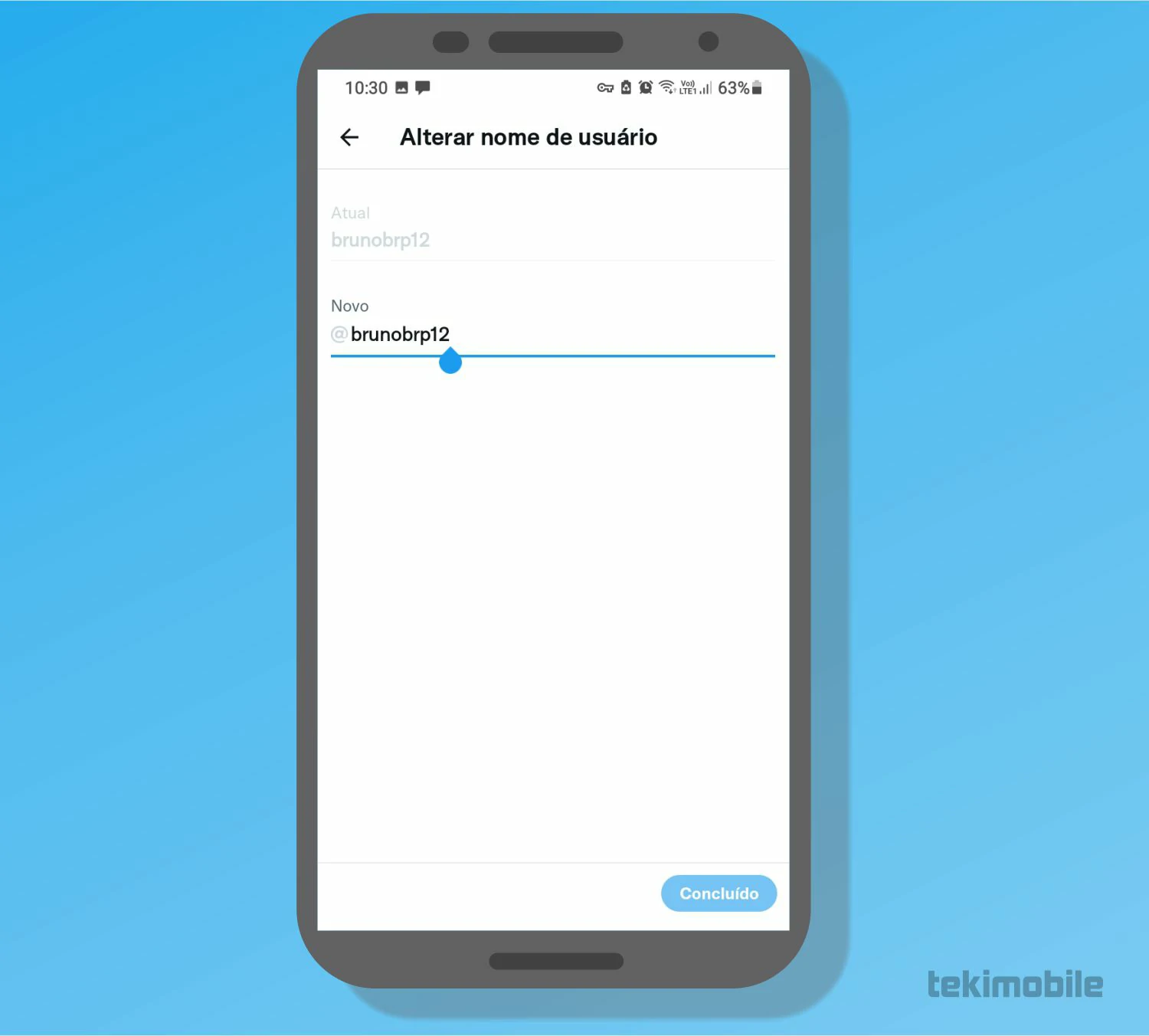 Mude o nome de usuário e toque em Concluido - Como mudar o nome no Twitter