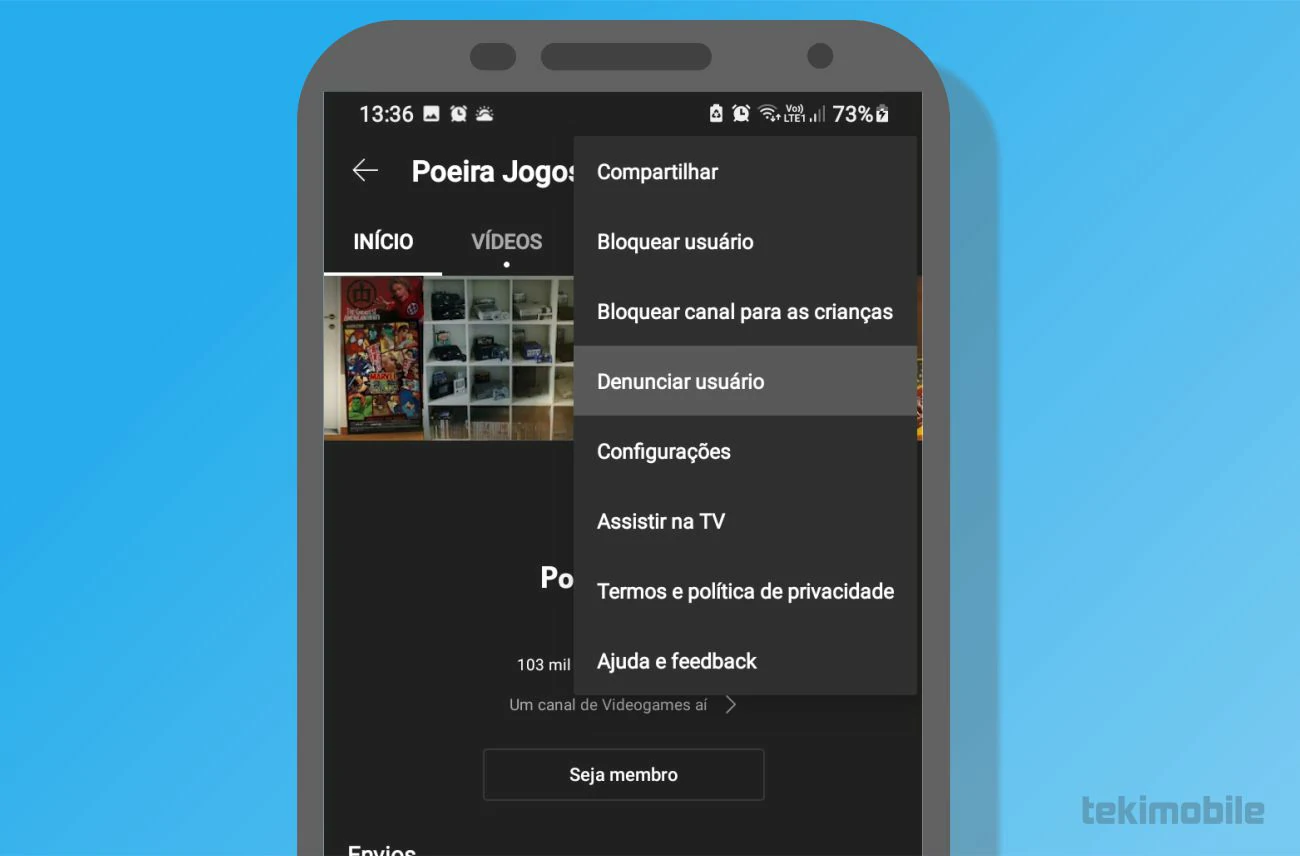 No menu revelado após seguir o passo anterior, selecione a opção de Denunciar o usuário na plataforma para escolher o motivo por qual você está denunciando o canal no YouTube - Como denunciar um canal no YouTube
