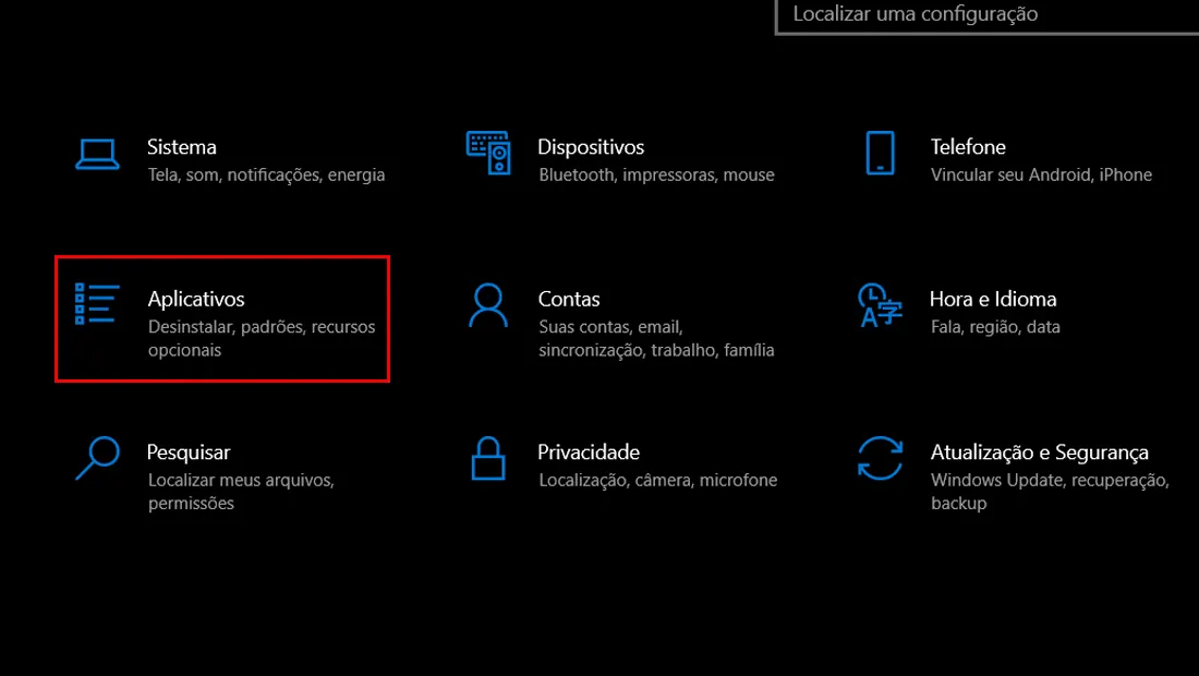 No menu de configurações vá em Aplicativos