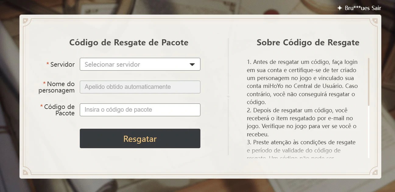 Preencha as informações de Servidor, Nome do personagem, Código de Pacote para prosseguir com o envio da recompensa ao seu personagem no game - Como resgatar códigos no Genshin Impact