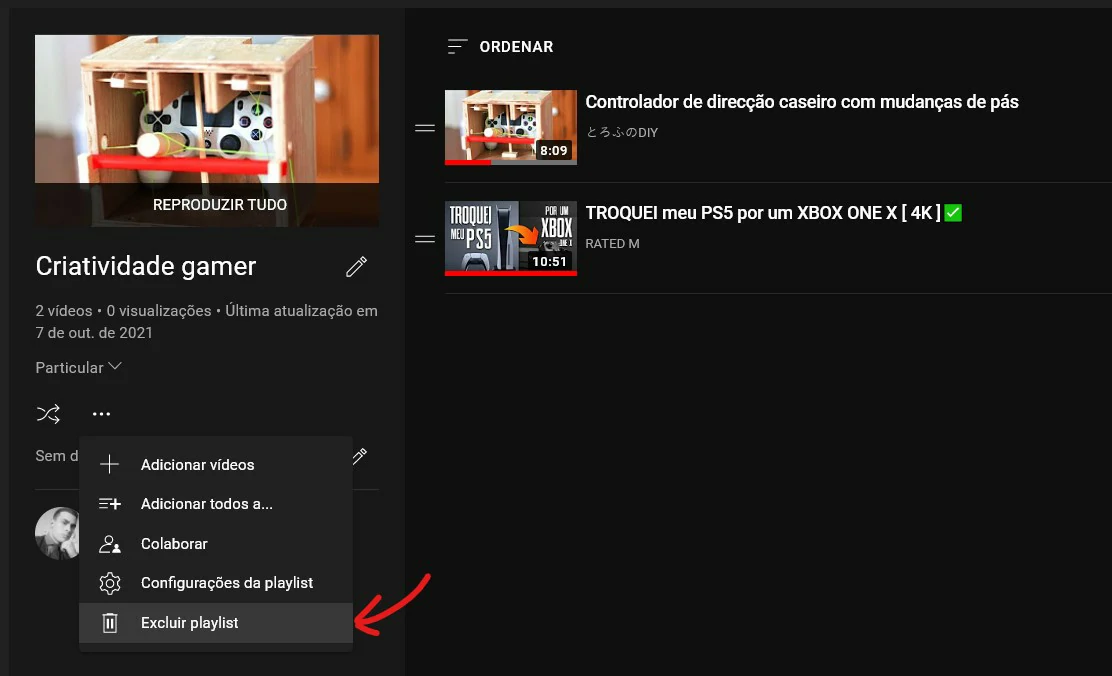 Selecione Excluir - Como deletar uma playlist do YouTube