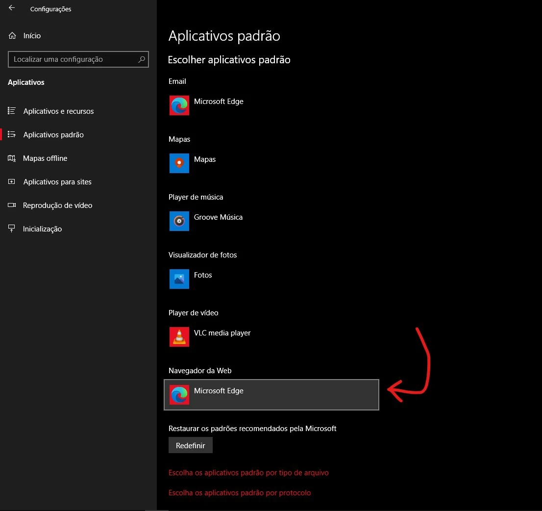 Selecione a opção Navegador da Web - como desinstalar microsoft edge