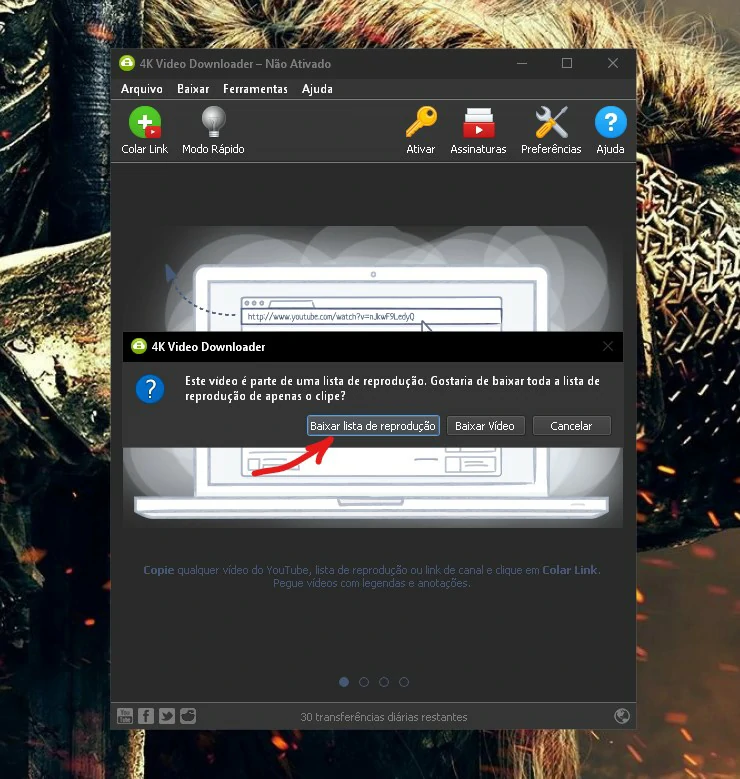Selecione a opção de Baixar lista de reprodução para adicionar o link da playlist do YouTube - Como baixar playlist do YouTube