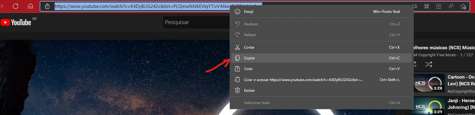 Selecione a opção de Copiar no menu suspenso para obter o link da sua playlist do YouTube - Como baixar playlist do YouTube