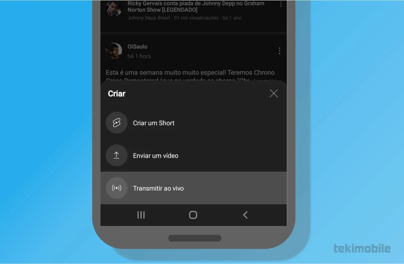 Selecione a opção de Transmitir ao vivo e permite que a plataforma utilize das ferramentas diponiveis do seu celular para iniciar a live - Como fazer live no YouTube