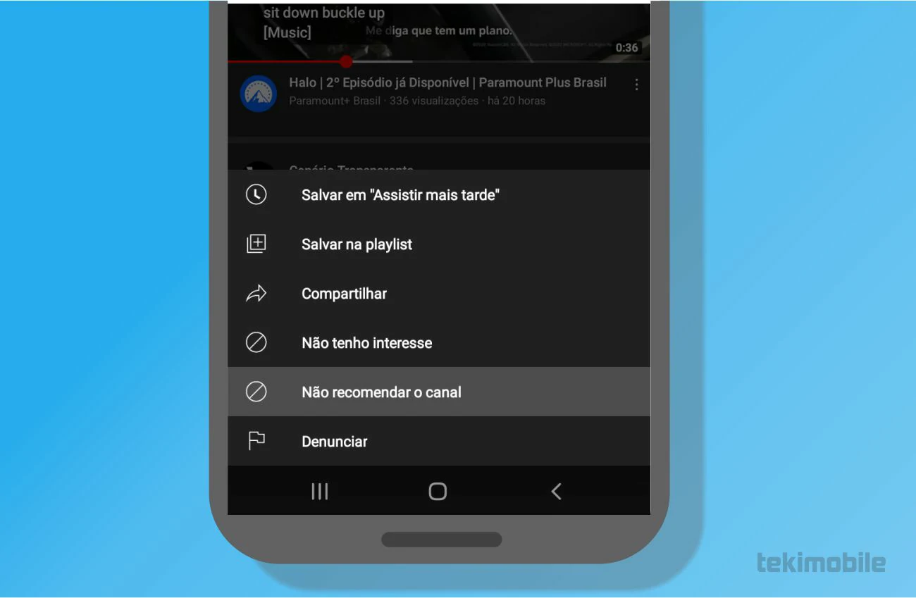 Selecione a opção destacada na imagem acima para remover o canal das sugestões de vídeos da sua pagina inicial no YouTube - Como bloquear vídeos no YouTube