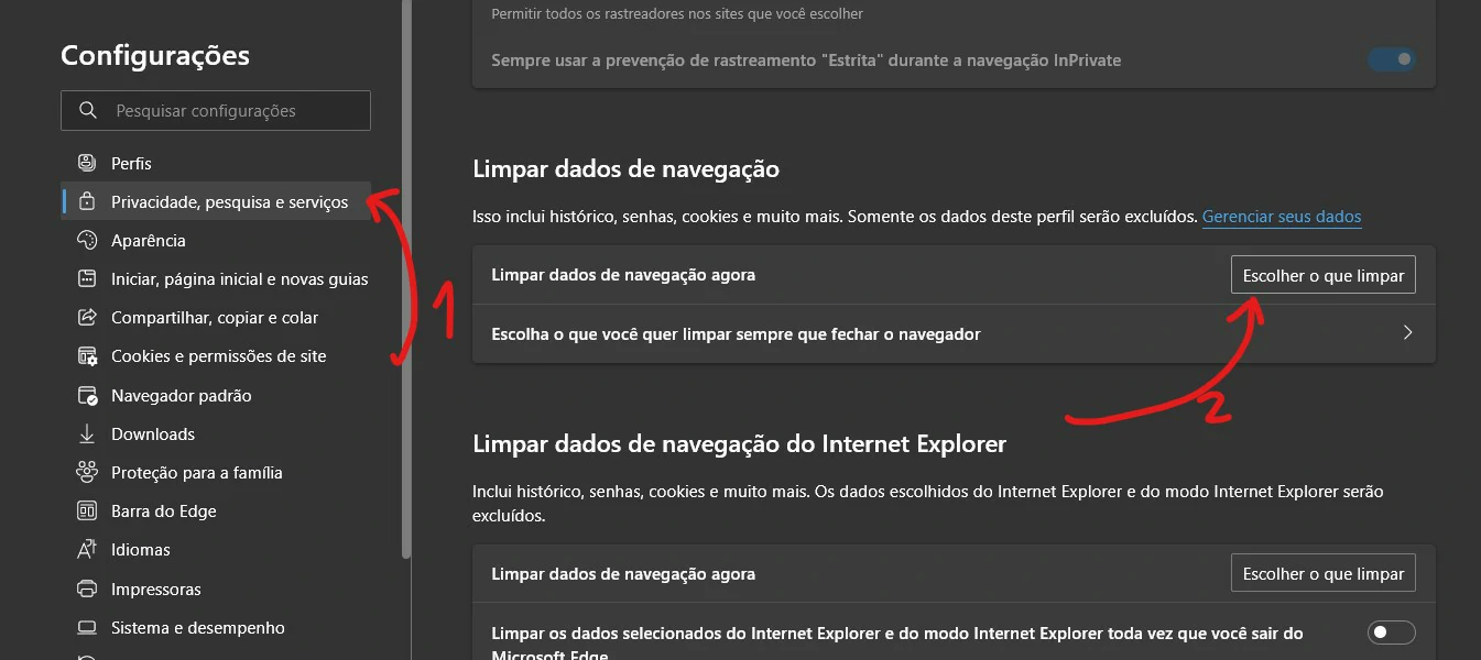 Selecione a privacidade - Como limpar cache do Microsoft Edge