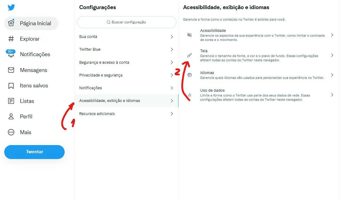 Selecione acessibilidade - Como deixar o Twitter preto