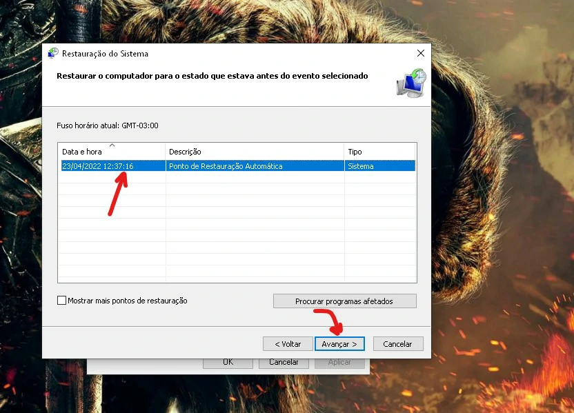 Selecione o ponto e clique em Avançar - Como restaurar arquivos deletados do Windows [Lixeira]