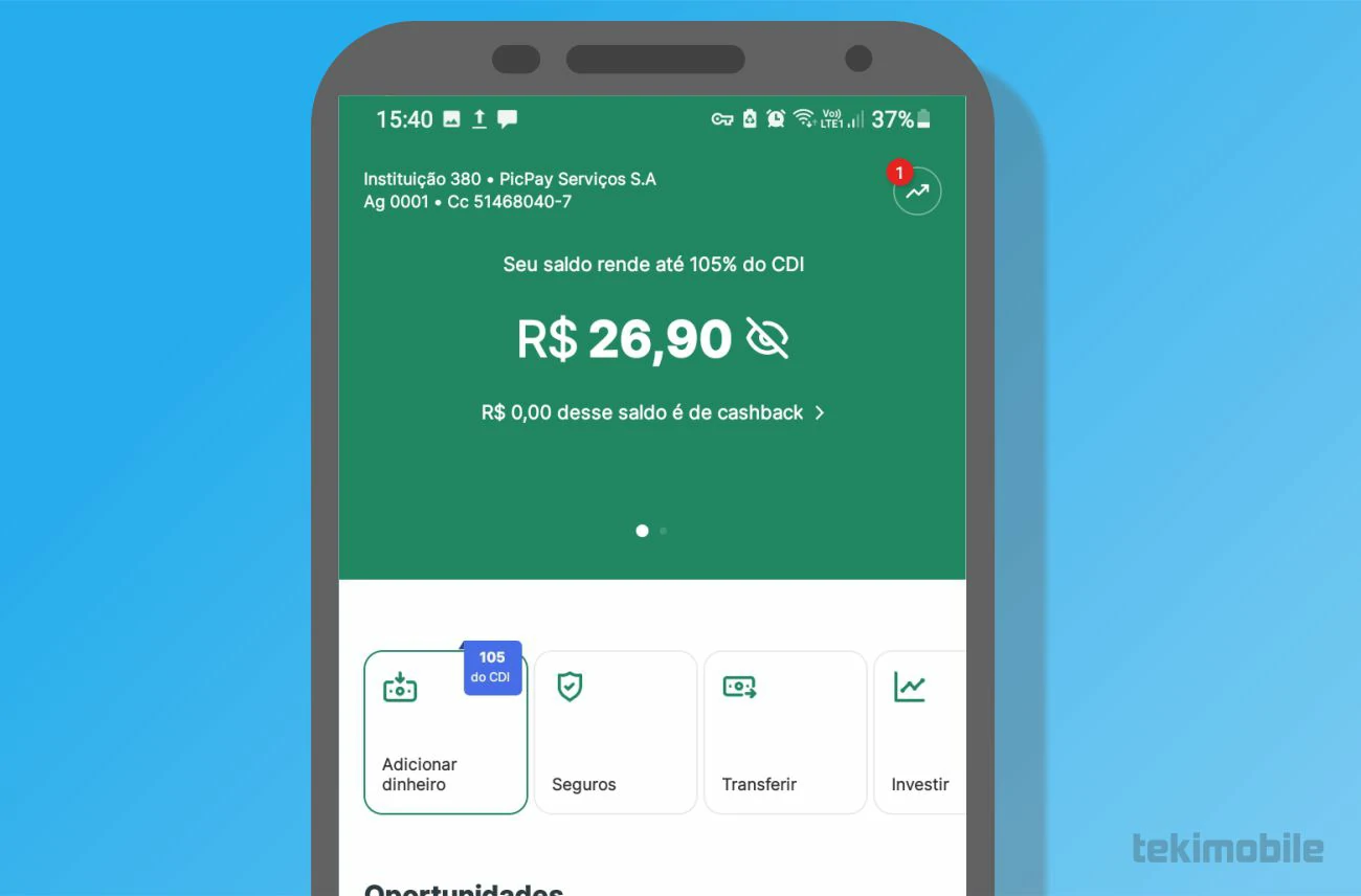 Toque em Adicionar dinheiro - Como transferir dinheiro para o PicPay