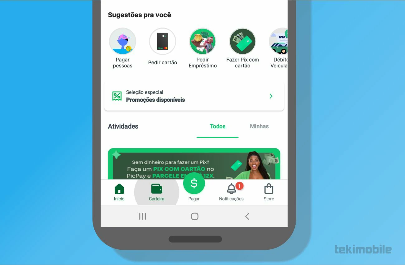 Toque em carteira - Como transferir dinheiro para o PicPay