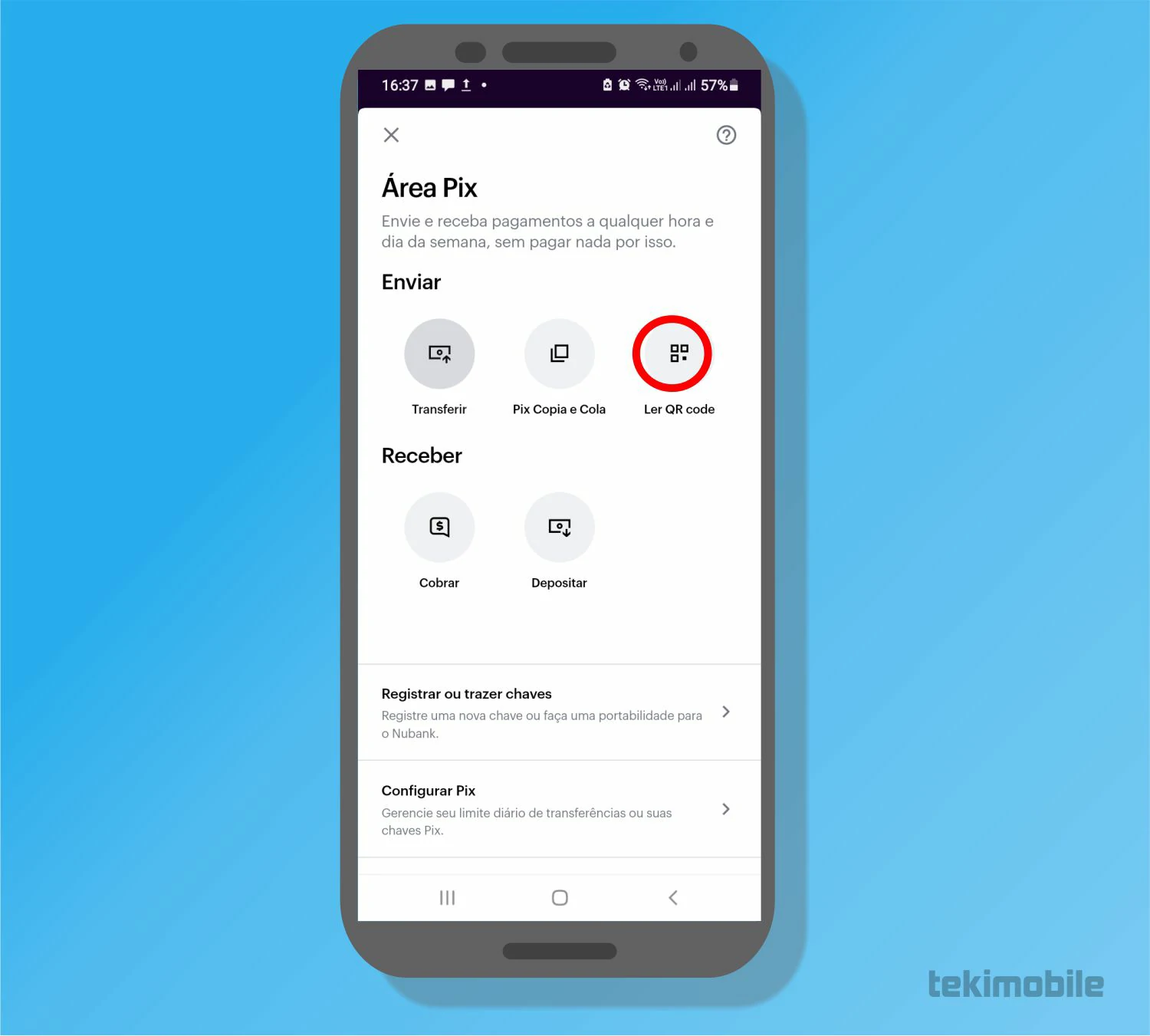 Toque em Ler QR code - Como fazer Pix pelo Nubank