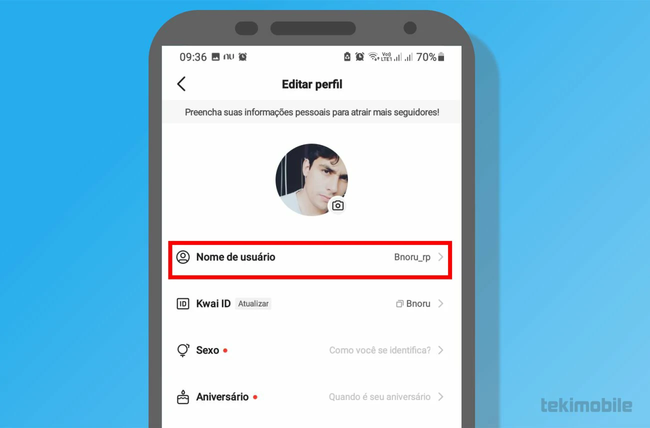 Toque em Nome de usuário - Como mudar ID do Kwai