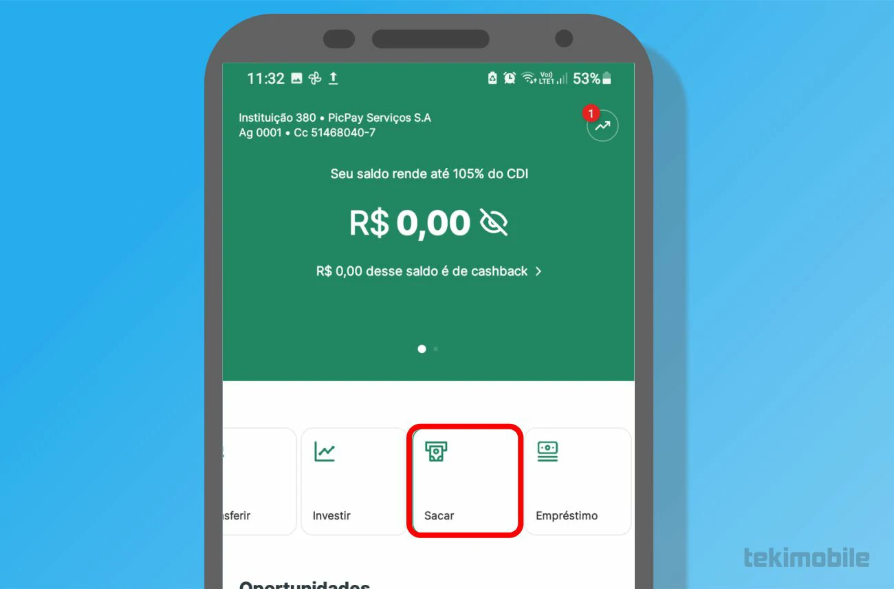 Toque em Sacar - Como sacar dinheiro do PicPay