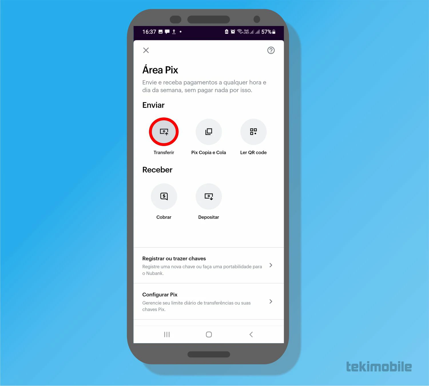 Toque em Transferir - Como fazer Pix pelo Nubank