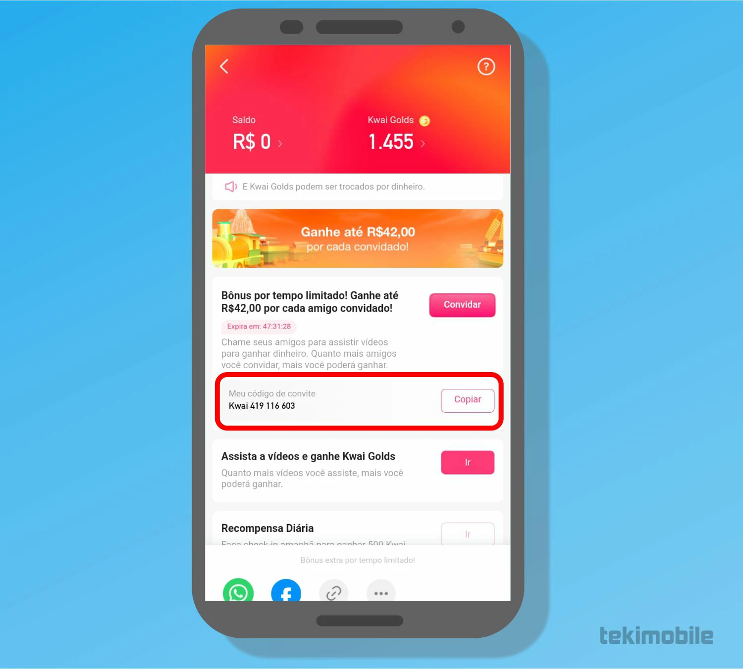 Toque em copiar e compartilhe seu código - Como colocar código no Kwai