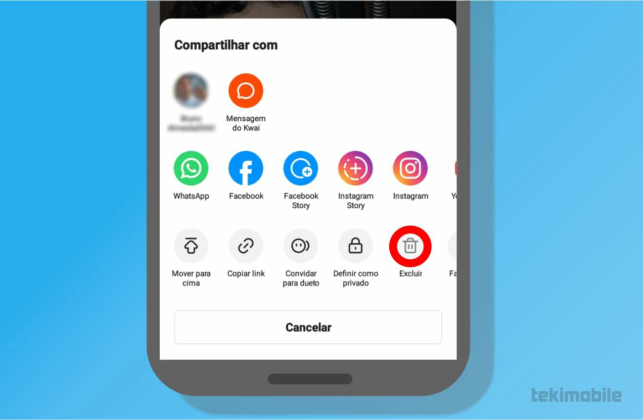 Toque em excluir no menu - Como apagar vídeo do Kwai