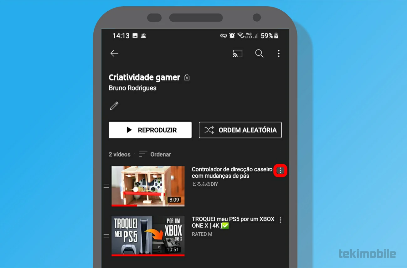 Toque em mais opções ao lado do vídeo - Como deletar uma playlist do YouTube