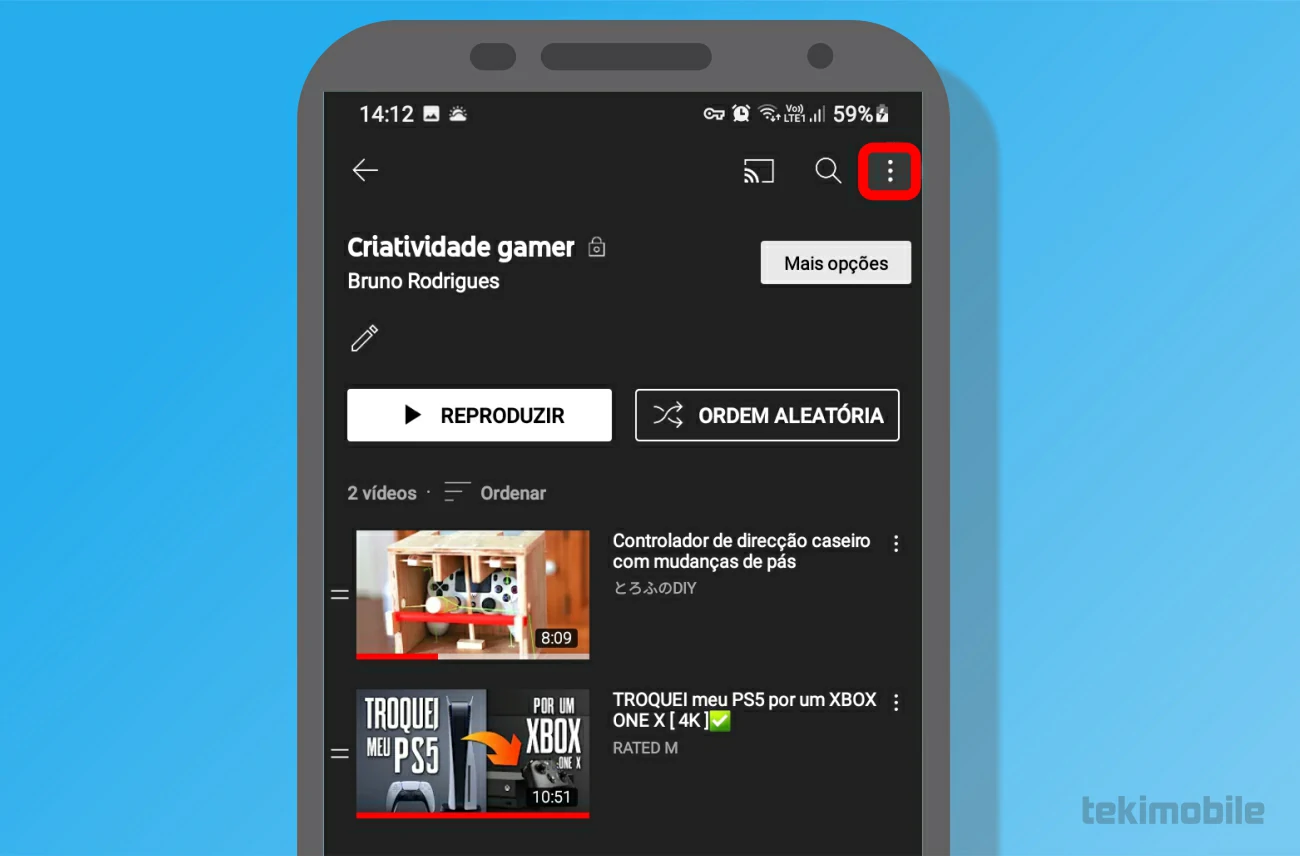 Toque em mais opções no canto - Como deletar uma playlist do YouTube