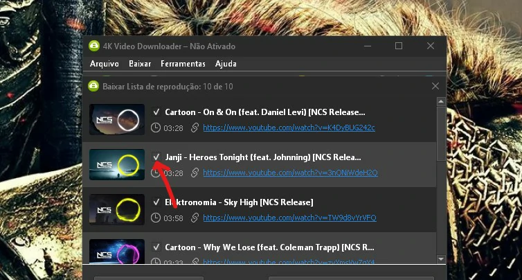 Toque na caixa para selecionar ou remover seleção dos vídeos da playlist - Como baixar playlist do YouTube