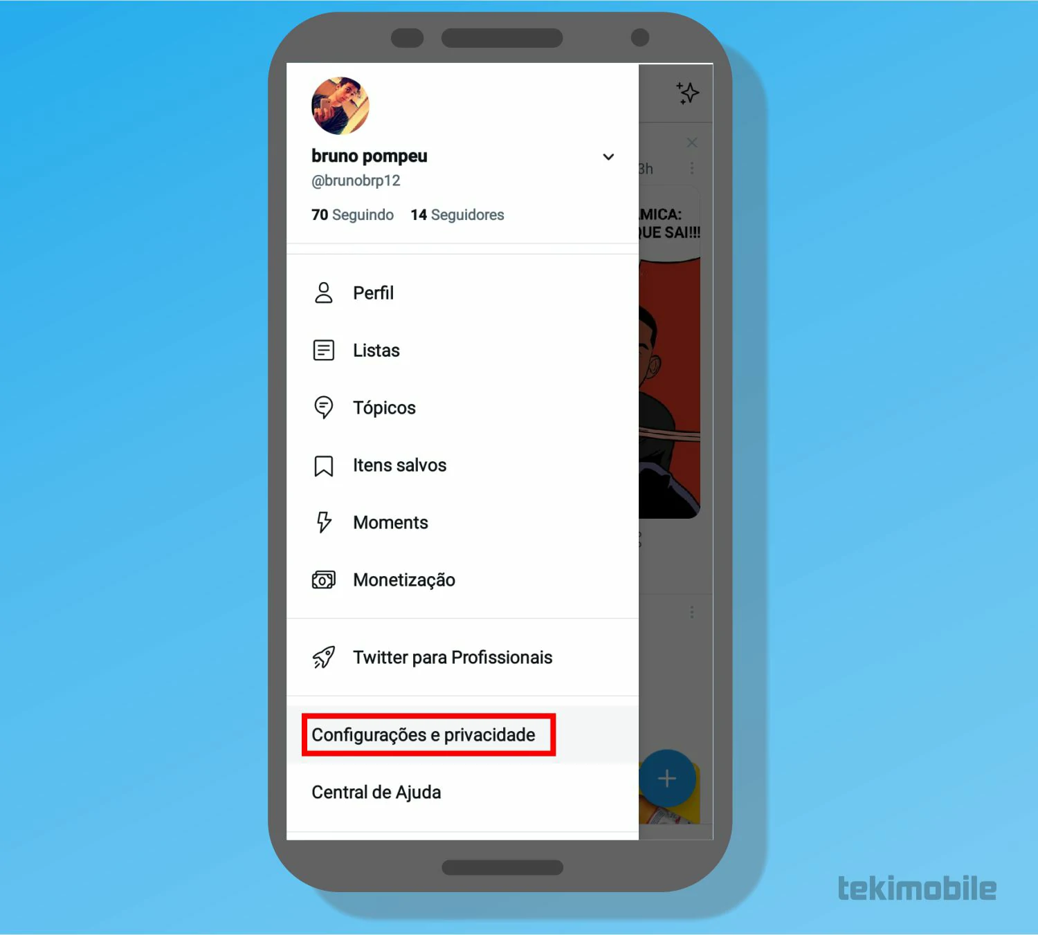 Toque sobre a opção de configurações - Como privar o Twitter