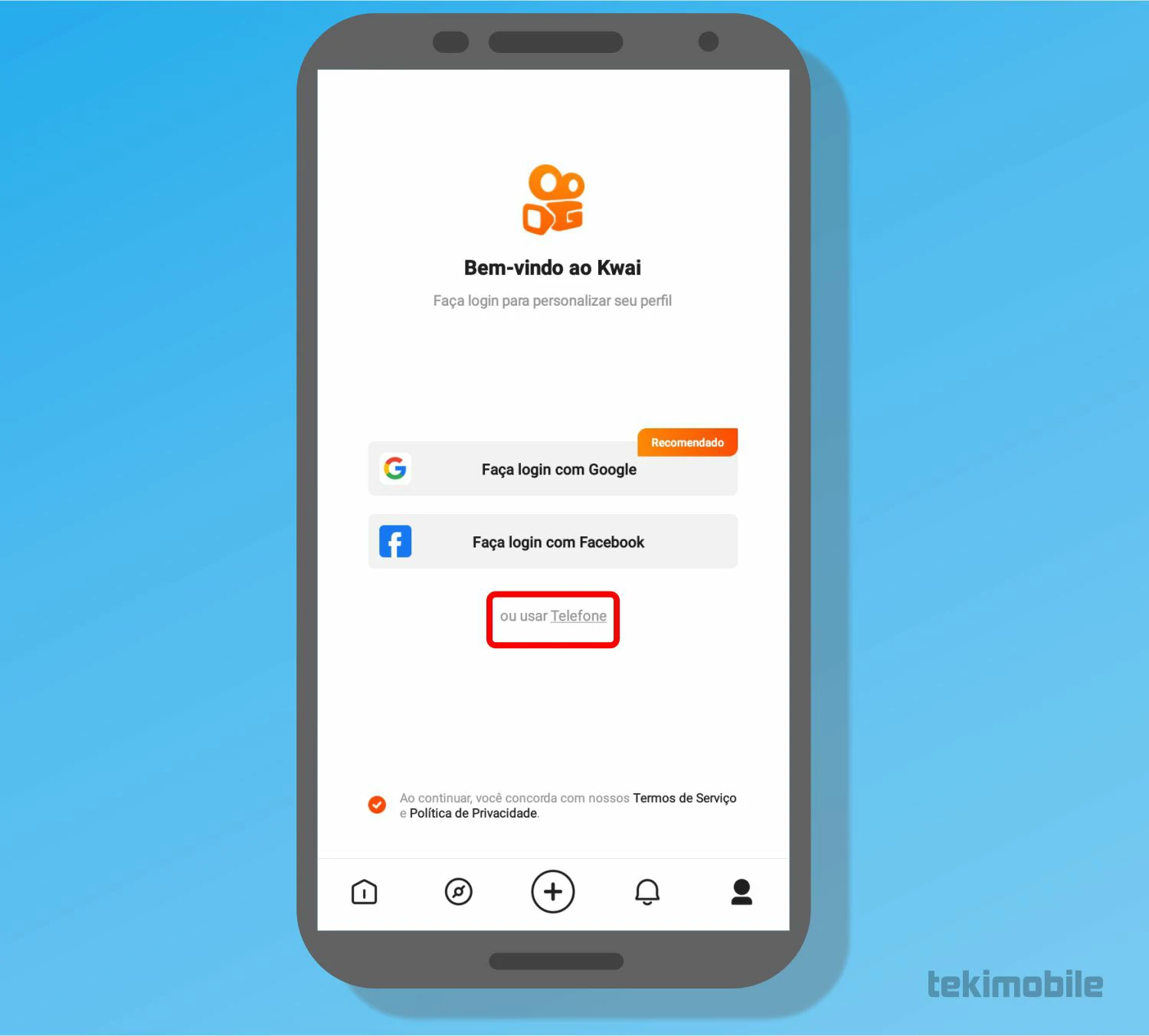 Toque sobre a opção para criar uma conta usando seu número de celular - O que é o Kwai