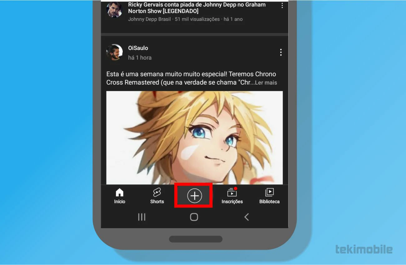 Toque sobre o símbolo de + para revelar o menu de mais opções oculto - Como fazer live no YouTube