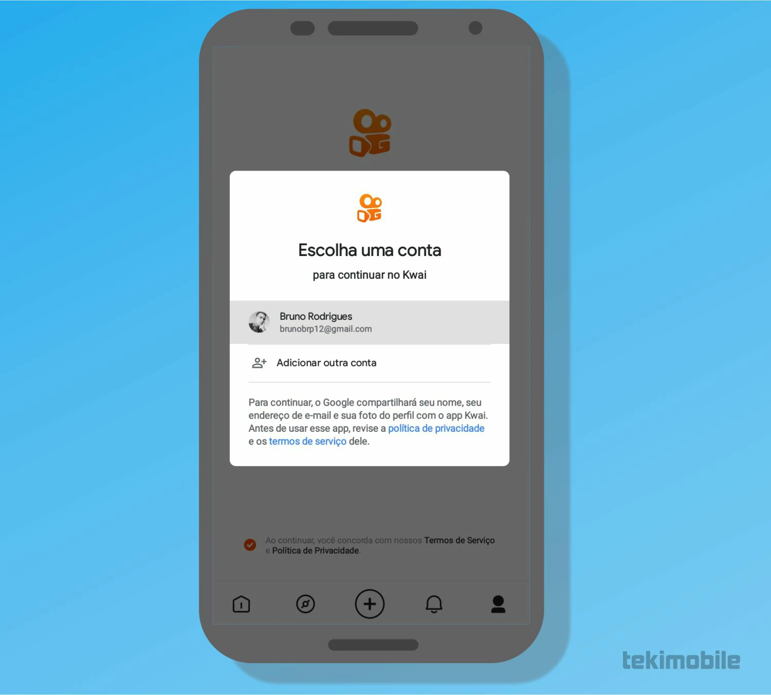 Toque sobre sua conta Google para logar - O que é o Kwai