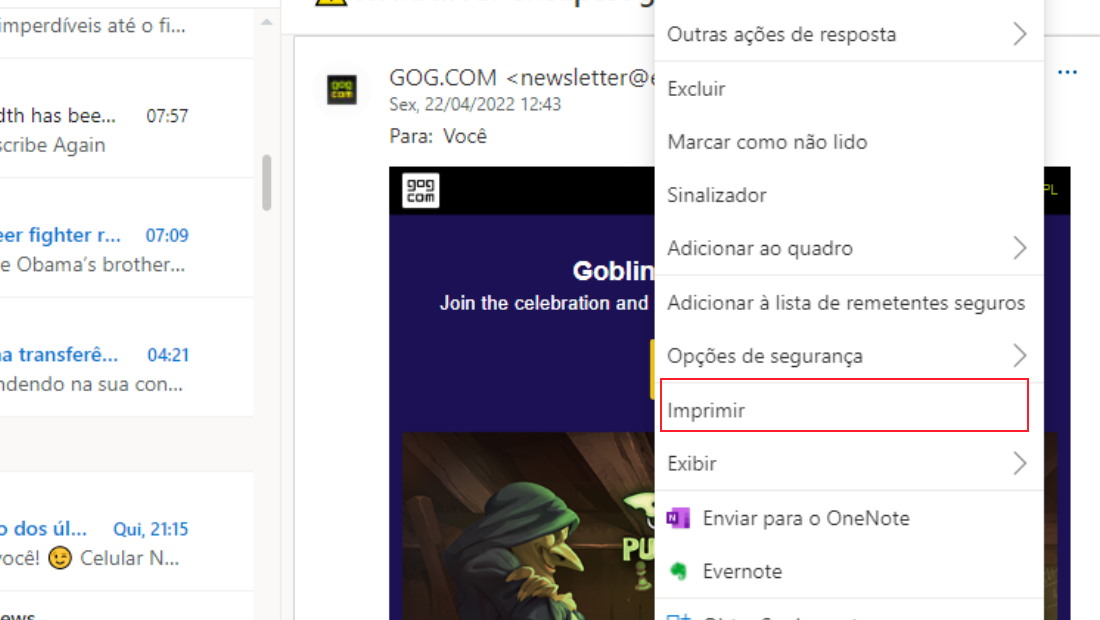 como salvar email do Outlook em PDF na aba clique em imprimir