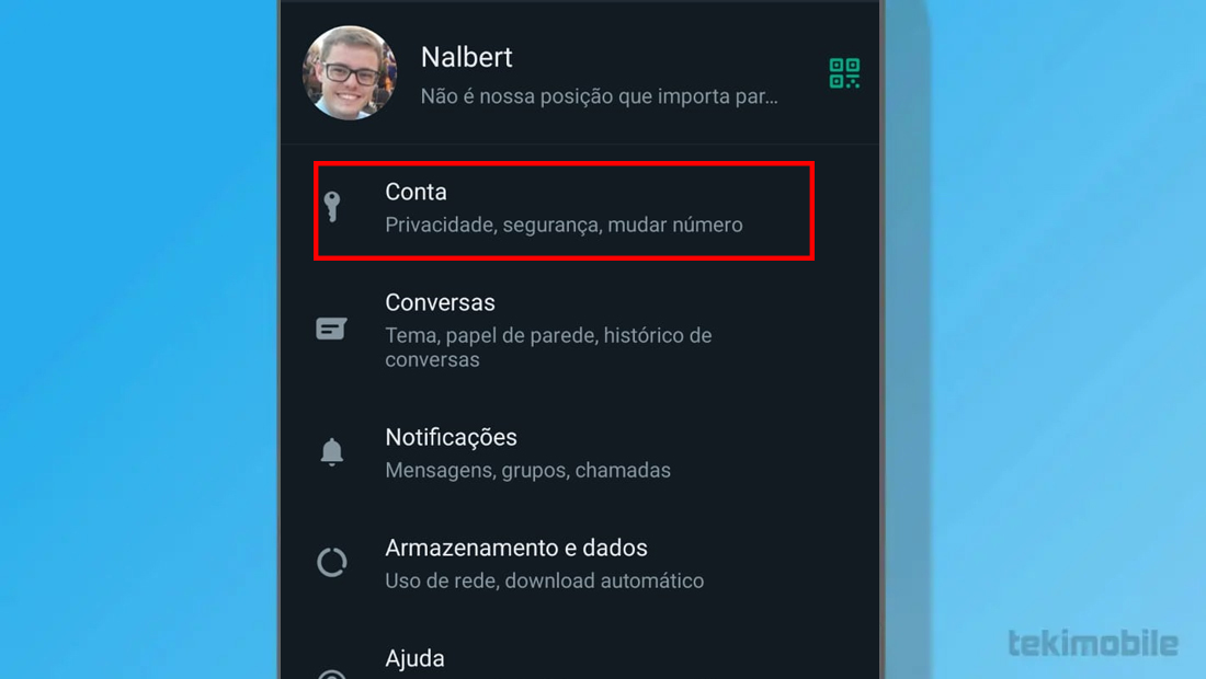 A opção de Conta é representado pelo ícone da chave