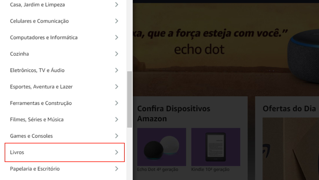 A opção de Livros está facilmente localizada