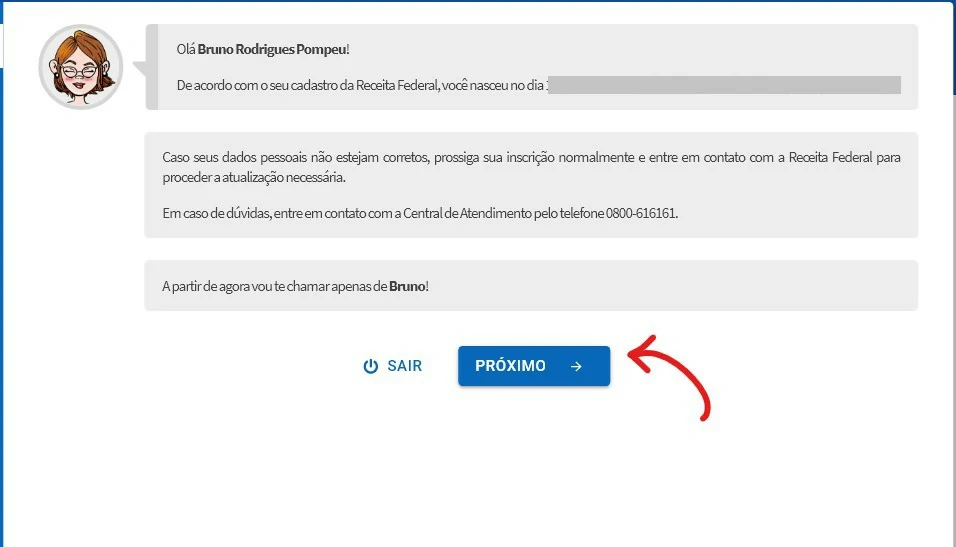 Clique em Próximo para verificar seus dados pessoais - Como se inscrever no Enem online