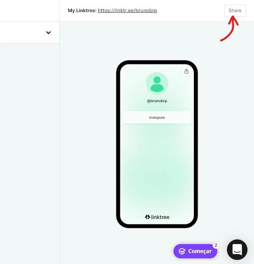 Clique em Share - Como fazer um Linktree passo a passo