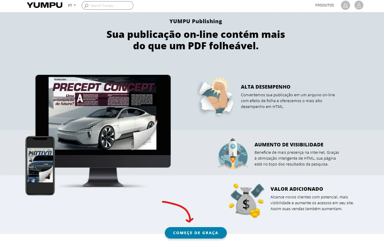 Clique em comece de graça - Transforme um PDF em revista digital