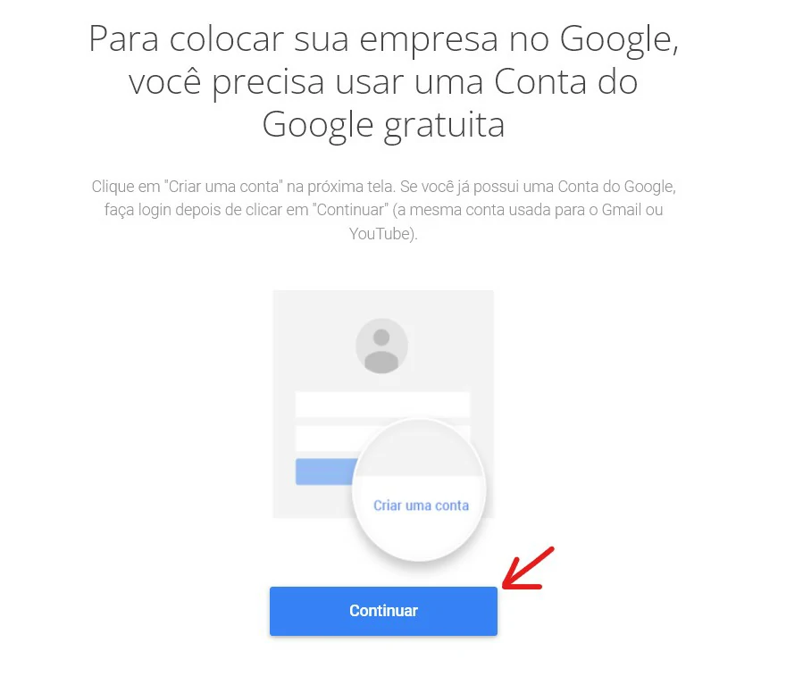 Clique em continuar - Como colocar meu negócio no Google
