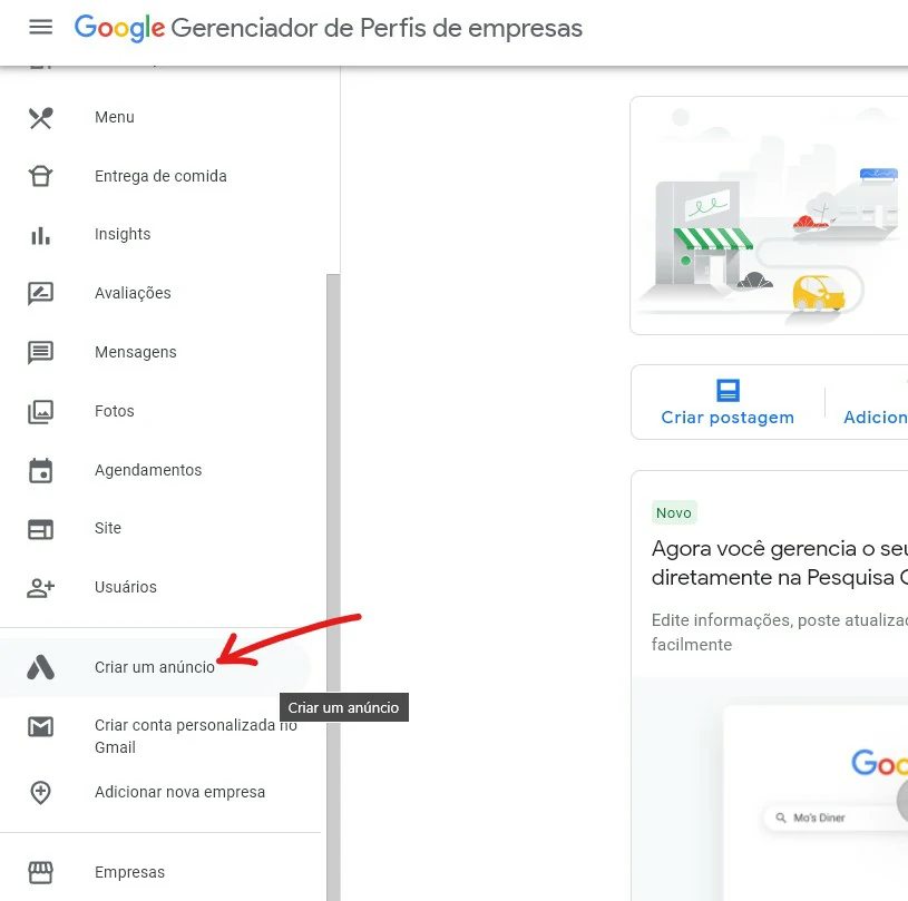 Clique em criar um anuncio - Como anunciar no Google Meu Negócio