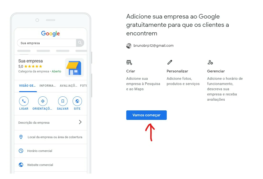 Clique em vamos começar - Como colocar meu negócio no Google